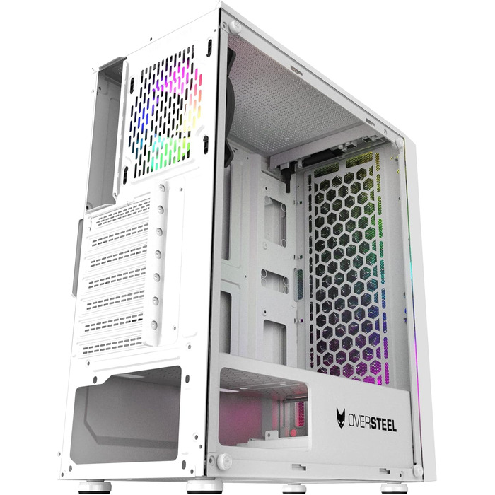 Oversteel Iridium - Комп'ютерний корпус для ігор, білий, з вентилятором A-RGB 120мм, сумісний з ATX/Micro ATX/ITX, сітчаста передня панель, 2 фільтри пилу, загартоване скло, USB 3.0