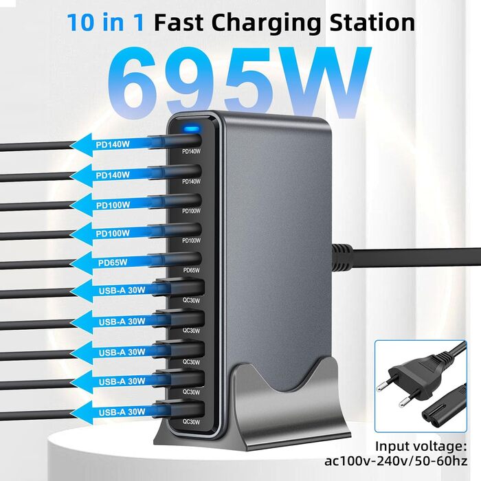 Зарядний пристрій Arceli USB-C 695W 10 портів GaN III: швидка зарядка для iPhone 16/15/14 Pro Max, Samsung Galaxy, MacBook, планшетів, ноутбуків