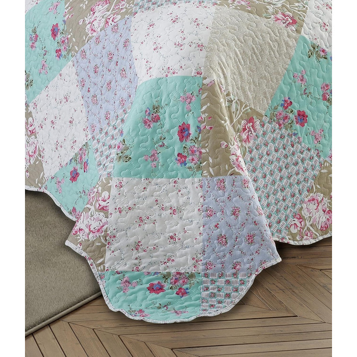 Набір постільної білизни Brilliant Sunshine Grey Heart Love Patchwork: ковдра та наволочка, двоспальне ліжко, блакитно-зелений, стегане покривало