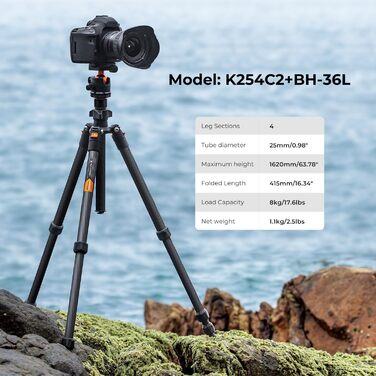 Штатив K&F Concept 200CM (78 дюймів) для камери: трипод з кульковою головкою 360°, моноподом, 1/4'' гніздом, для DSLR, з карбону (162CM+8KG)
