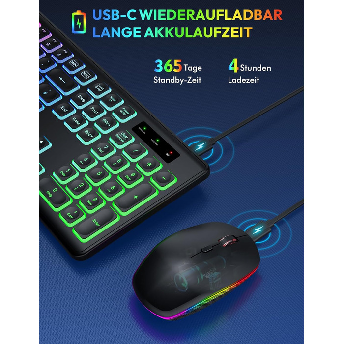 Бездротова клавіатура та миша з підсвічуванням, USB-C, тиха, для Mac/Windows/PC/Laptop, QWERTY (Чорний)