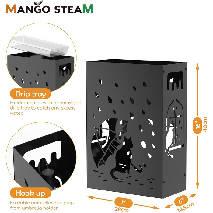 Mango Monstera Umbrella Stand - Black Raining Cats Design | Decorative Entryway Stand