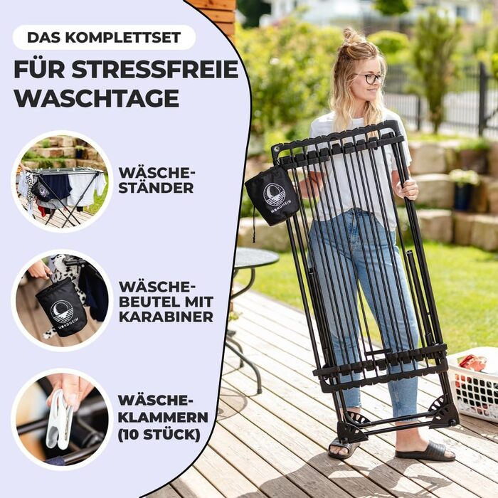 MONDHEIM® Сушарка для білизни XXL, 26 м довжини, чорна, знімний поперечина, для балкону/тераси