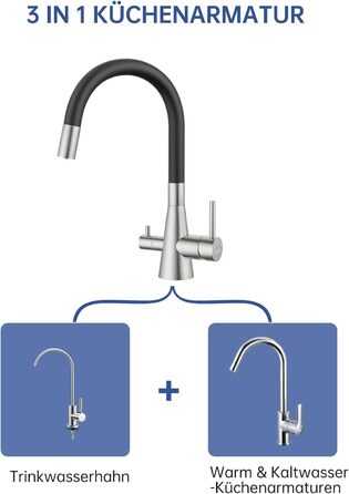 Кухонний змішувач Dayone з висувним виливом, нержавіюча сталь SUS304, високий тиск, 360° обертання, 2 функції, для кухні