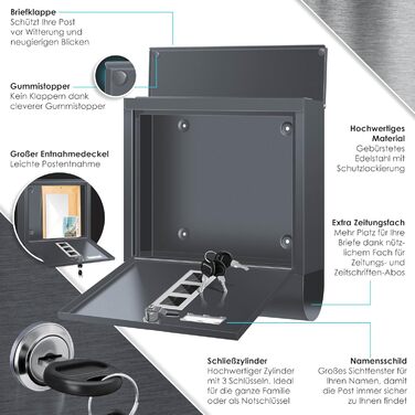 Поштова скринька KESSER® з газетницею та іменним табличкою, нержавіюча сталь, антрацит. Замок на 3 ключі, з віконцем, порошкове покриття, настінний монтаж