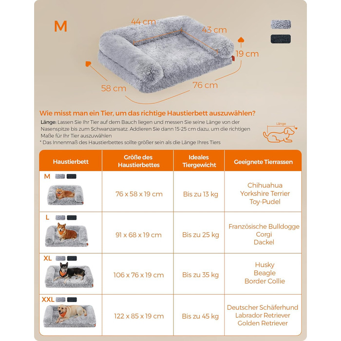 Feandrea FluffyHug лежанка для собак, розмір M, м'яка подушка для собак, килимок для мініатюрних та маленьких собак, лежанка-софа з ноппенового пінополіуретану, знімний та пральний чохол, 76 x 58 x 19 см, Ombré-Grey PGW231G01V1 M