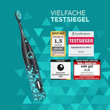 Електрична звукова зубна щітка happybrush® Eco Vibe 3 - Чорний колір - Набір з 4 насадок - Тестовий лідер - 100 днів тестування