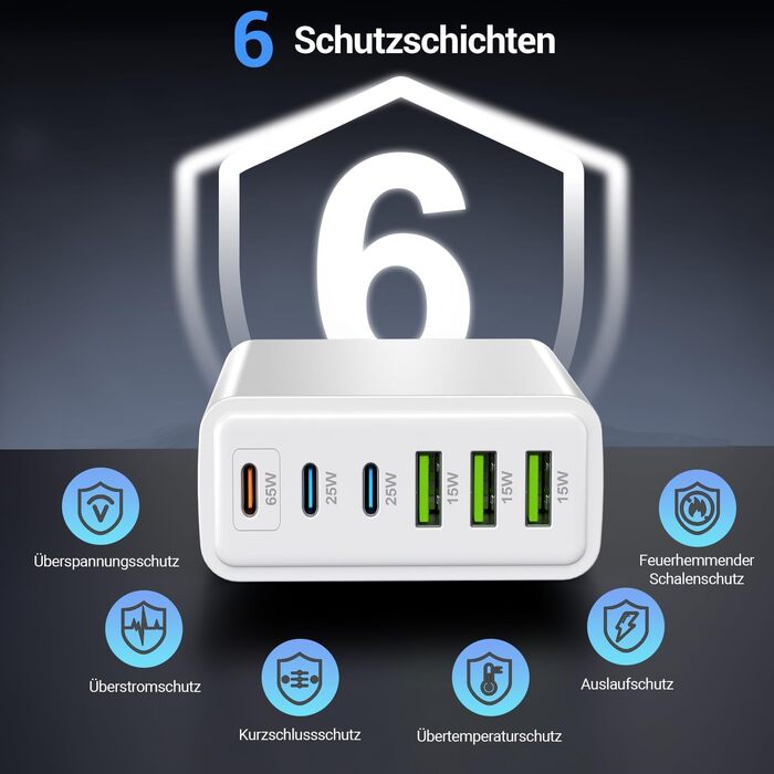 Зарядний пристрій USB 160W, 6 портів (USB-C, USB-A) - Швидка зарядка для ноутбука, смартфонів, iPad, навушників - Білий