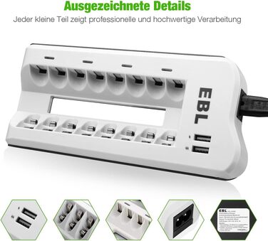 Зарядний пристрій EBL для акумуляторів AA/AAA NI-MH/NI-Cd та USB пристроїв, 8 слотів, LED дисплей, 2 USB порти (без акумуляторів)