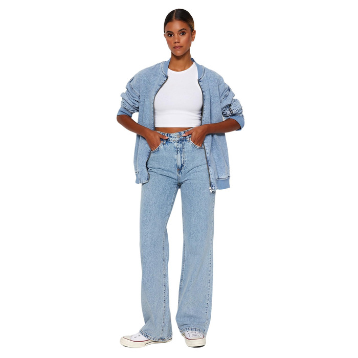 Джинси жіночі Trendyol прямого крою з високою талією, блакитний (44)