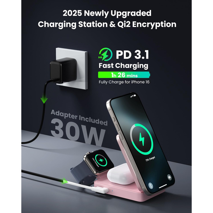3-в-1 Бездротовий зарядний пристрій, індукційна станція Qi2, MagSafe, для iPhone 16/15/14/13/12, Apple Watch, AirPods, білий (рожевий)