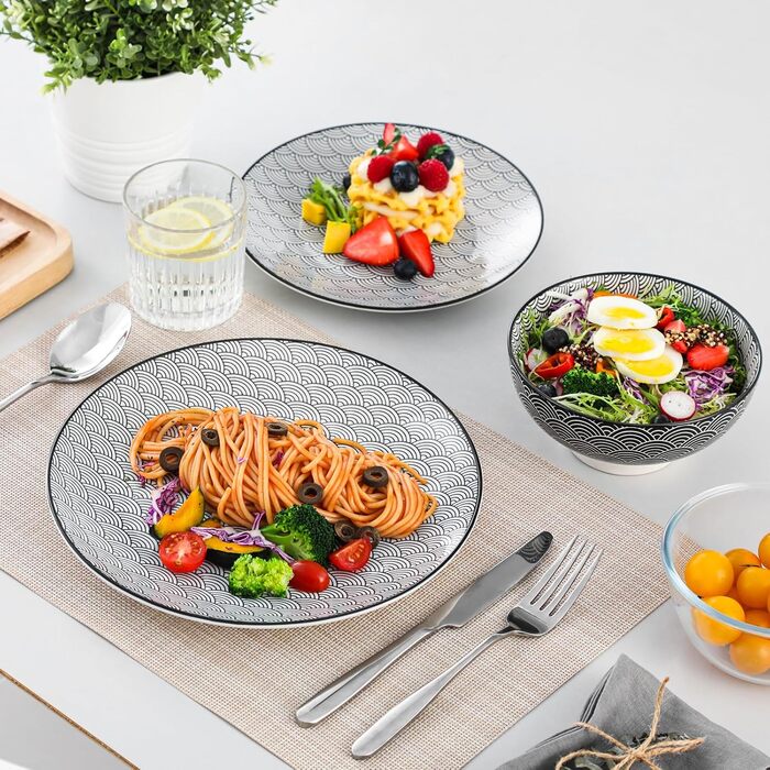 Набір посуду Vancasso Haruka 16 предметів: тарілки для їжі (26.5 см), десертні тарілки (21.5 см), миски для каші (15.2 см) та чашки (360 мл) чорного та кремового кольорів