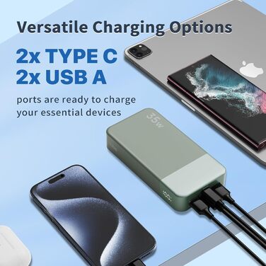 Power Bank Nobis 20000mAh з LED дисплеєм, 35W USB-C, 4 порти, для MacBook, iPhone 15, Samsung S23 (зелений)