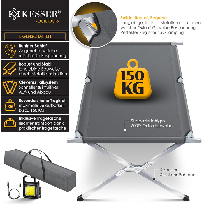 Кемпінг-ліжко KESSER® Klappbett з сумкою, ліхтарем та кишенею, 210 см, сталевий каркас, 600D Oxford, до 150 кг