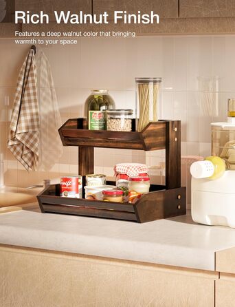 Двоярусна фруктова корзина HOLANA з дерева горіха для кухонного столу - органайзер для фруктів, овочів та закусок