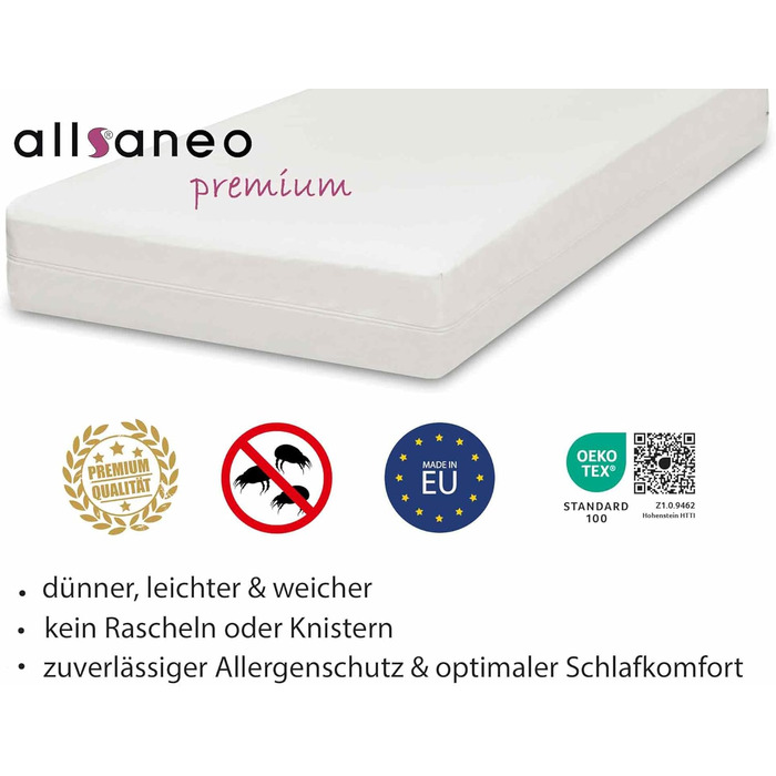 allsaneo Premium Allergy Cover 180x200x8 cm | Allergy Cover Extra Soft and Lightweight | Anti-Mite Encasing | Dust Mite Protection | Allergen-Tight Fitted Sheet | TÜV Tested