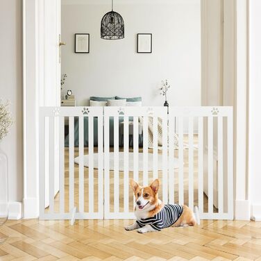 Захисний бар'єр для собак Costway 89 см, дерев'яне огорожа, дитяче ворота, розкладне, для захисту сходів, гнучкий бар'єр (3 панелі, білий)