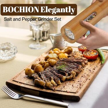 BOCHION Salt and Pepper Grinder Set, Wooden Grinder Set Large with Coaster, Salt and Pepper Grinder with Adjustable Ceramic Grinder, Grinding from Coarse to Fine, for Pepper, Salt, Spices, 2-Piece Set 18 cm
