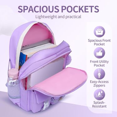 Дитячий рюкзак для школярів: для ноутбука, підручників, з багатьма кишенями, для підлітків, дітей, подорожей, 17 дюймів, фіолетовий
