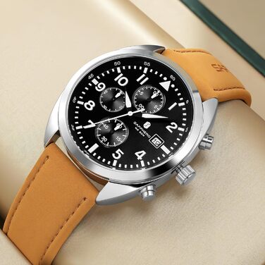 Чоловічий годинник SAPPHERO: кварцовий, аналоговий, з шкіряним ремінцем. Класичний бізнес-годинник, водостійкий (50 м), з арабськими цифрами, хронограф, стильний годинник для повсякденного носіння (срібний, чорно-коричневий ремінець, модель 2215)