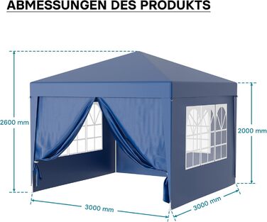 Павільйон садовий Wiltec 3x3 м, синій, UV-захист 50+, знімні стінки, намет з вікнами для тераси та фестивалів