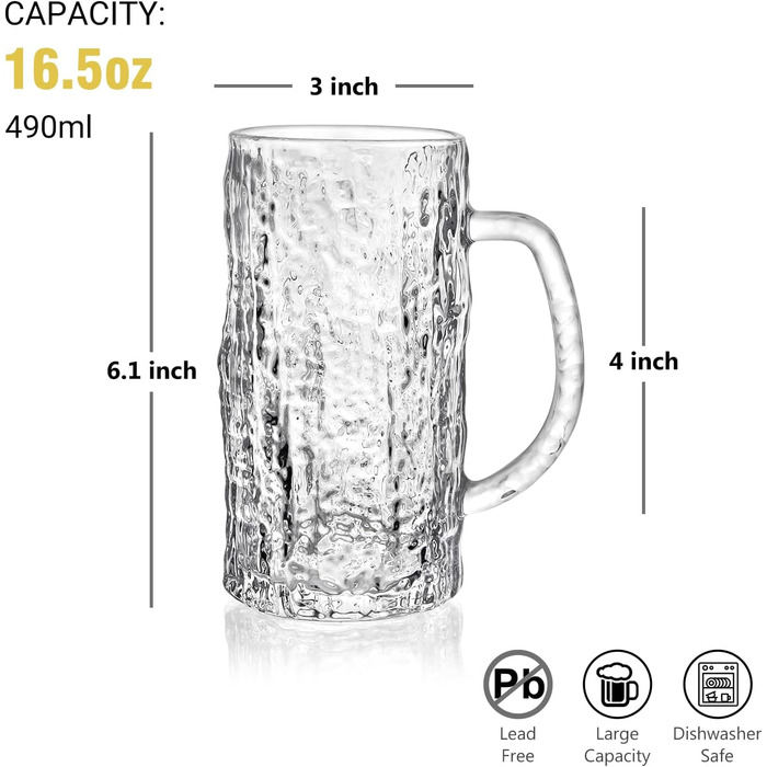 Набір з 2 скляних кружок для пива на 0,58 літра (490 мл) з ручкою, для морозильної камери, ретро стиль, подарунок для чоловіків