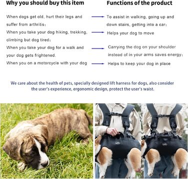 Сумка-переноска для собак великих порід Wakytu: переноска-рюкзак для собак з проблемами суглобів, травмами, літніх собак. Максимальна вага 30-40 кг, чорна, 4XL