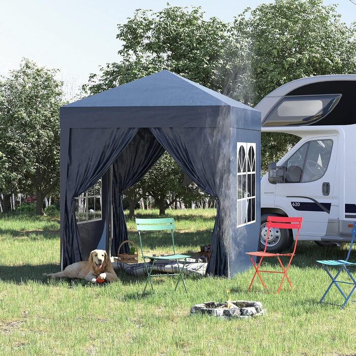 Outsunny 2x2m (6.5 x 6.5ft) Waterproof Pavilion, Pop-up Folding Canopy with 4 Side Walls, Drainage Holes Windows, Foldable Party Tent UV 30+, Garden Tent with Carrying Bag, Garden Pavilion for Patio, White (Blue)