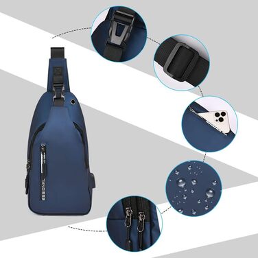 Чоловіча нагрудна сумка через плече, Oxford-тканина, USB-порт для зарядки, водонепроникна, для спорту, роботи, велосипеда, подорожей (Синій #4)