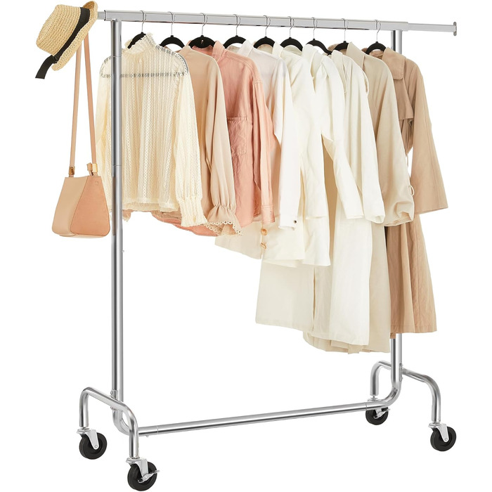 SONGMICS Clothes Rack with Wheels, Garment Rack, Heavy-Duty, Extendable Clothes Rod, Holds up to 130 kg, 45 x (110-150) x 162.9 cm, Metal, Chrome, Silver HSR11S