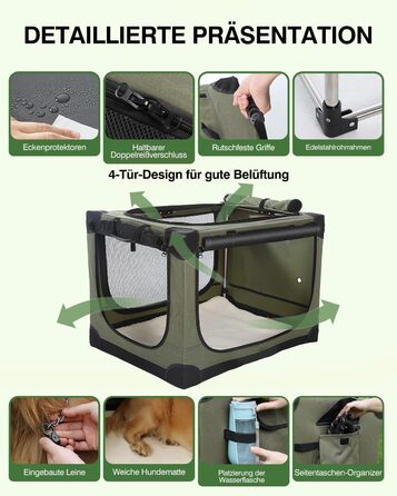 Складана переноска для собак середніх порід, 76x54x54 см, зелена. Зручна переноска для автомобіля з регульованим дизайном, міцна сітка та м'яка підстилка для дому та подорожей