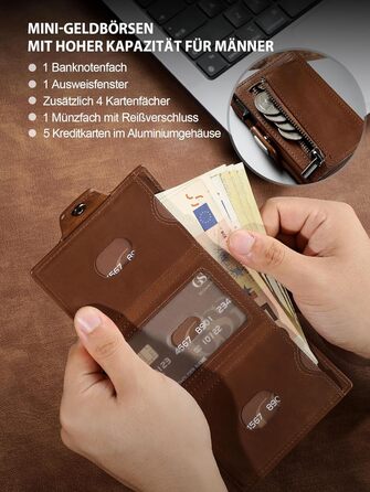 GSG SINCE 1998 Men's Leather Wallet, Slim Wallet with Coin Pocket & RFID Protection Card Holder Portomonee for 9-10 Cards, Slim Wallet for Men brown