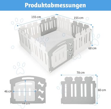 Вольєр для собак Costway 8-панельний, 60 см, з дверцятами, для дому та саду, HDPE пластик, сірий