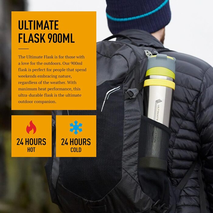 Термос Ultimate Flask 900 мл, матовий чорний, з нержавіючої сталі, для гарячих та холодних напоїв. Зберігає тепло та холод, має витікання.