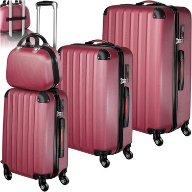 Набір валіз Tectake 4-TLG: міцні валізи з колесами 360°, TSA-замком, великий об'єм, роздільний внутрішній простір, ручна валіза на телескопічному стійці - шампань (винно-червоний)