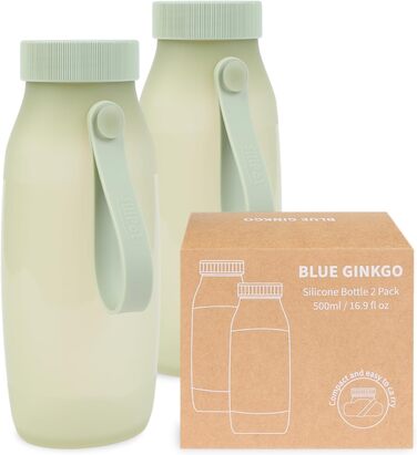 BLUE GINKGO Collapsible Water Bottles [2-Pack] – Lightweight, foldable silicone bottles for travel, hiking, and camping (500ml, Made in Korea, Beige) (2 Pack, Olive Green)