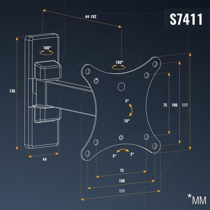 Настінне кріплення для монітора/телевізора RICOO S3911 13-34 дюйми VESA 75x75/100x100 поворотне