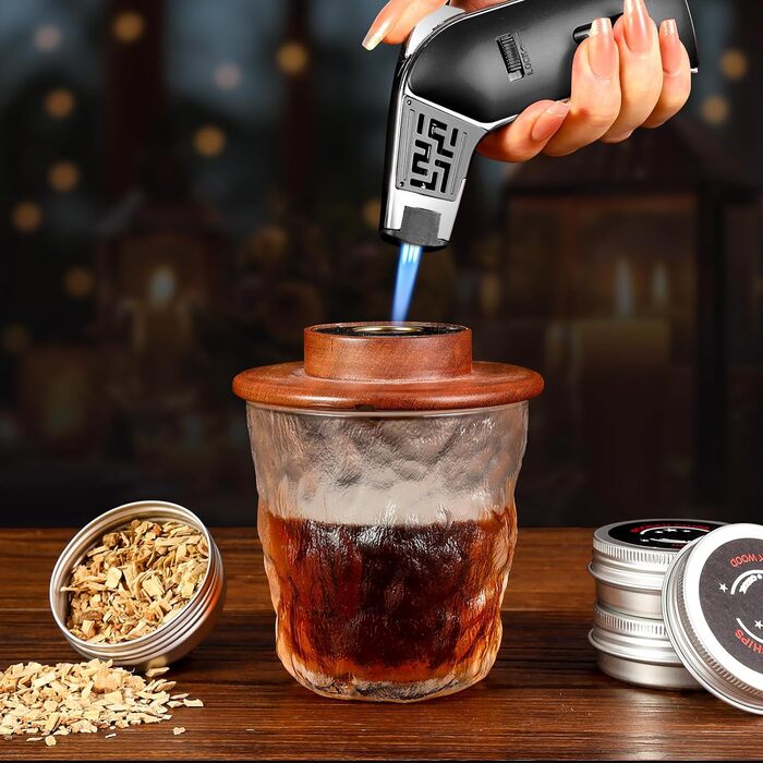 Набір для копчення напоїв Cocktail з 4 смаками, дерев'яні чіпси для віскі, набір для приготування коктейлів, інфузор для бурбона з багаторазовим льодом, Round, чорний