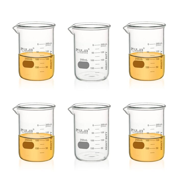 ULAB Heavy Duty Beaker, 6 Pieces Vol.250ml (8.45oz), Borosilicate 3.3 Glass, Thick-Walled Beakers, with Double Scale, Superior Durability & Chemical Resistance, UBG1055