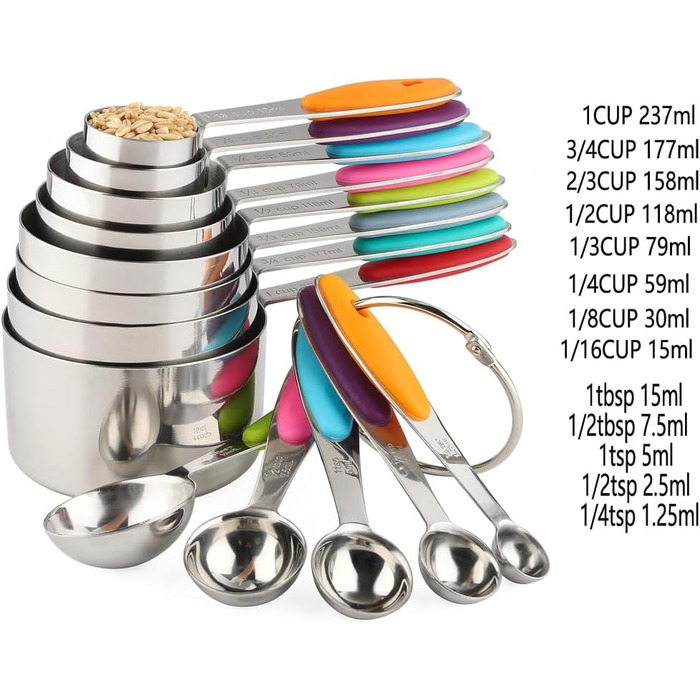 13-Piece Measuring Cup and Spoon Set, Multifunctional Stainless Steel Measuring Spoon with Silicone Handle