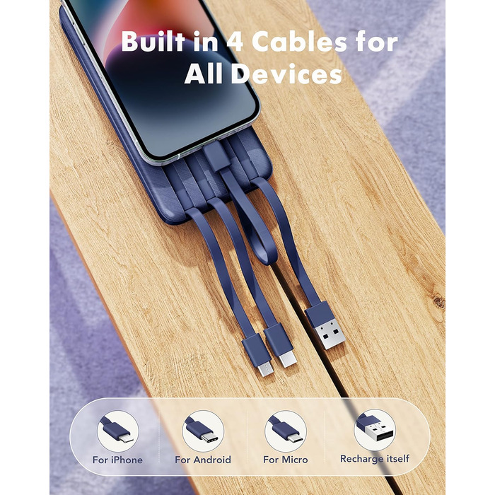 Power Bank Charmast 10000mAh з 6 виходами, USB-C, LED-дисплеєм, 4 кабелями, блакитний