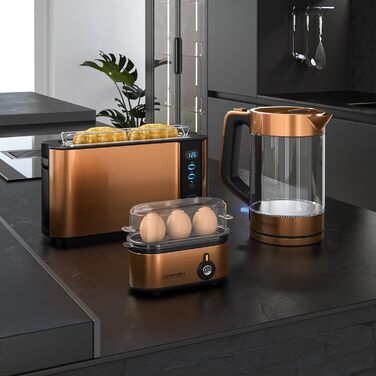 Електричний чайник та тостер SET з нержавіючої сталі та міді. Чайник 1.7л, 2200W з функцією підігріву. Тостер на 2 тости, 1000W з підставою для булочок та 6 рівнями підсмажування.
