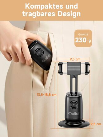 Rollei Easy Creator Desktop: Стабілізатор відео для смартфонів з AI-трекінгом, 360° обертання, вбудований акумулятор, для TikTok Live Streaming