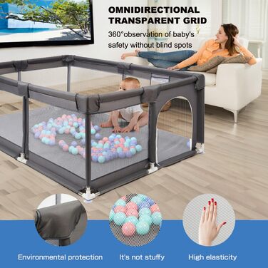 Дитячий манеж IBVIVIC 120x120 см, темно-сірий, з дихаючою сіткою та нековзною основою, огорожа для немовлят і малюків, 300D оксфордська тканина