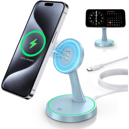 Бездротова зарядка MagSafe OANDYS 2-в-1 15W для iPhone 17/16/15/14/13/12 та AirPods, нічна лампа блакитна