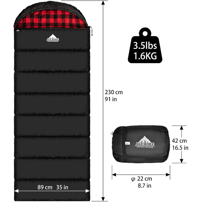 Спальний мішок Baumwoll-Flanell для дорослих: легкий, водостійкий, з 100% бавовняною підкладкою. Ідеальний для кемпінгу, подорожей, хати та відпочинку на природі. Чорний/Червоний