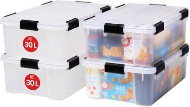Iris Ohyama Airtight Plastic Storage Boxes with Lids, 50L, 4-Piece Set, Airtight and Waterproof Seal, Robust Snap Closures, Stackable, Dustproof, BPA-Free, DDAT-L (Transparent, 30L x4)