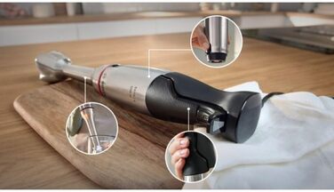 Блендер ручний Bosch ErgoMaster Serie 6 MSM6M820, 1200 Вт, 4 леза з нержавіючої сталі, керамічна муфта, повітряне охолодження, мірний стакан, подрібнювач, гарантія 10 років на мотор