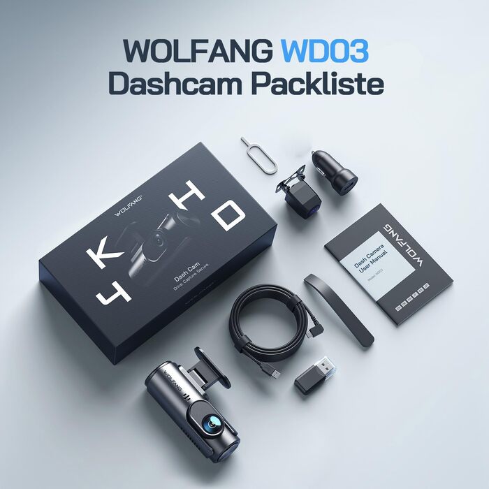 Автомобільний відеореєстратор WOLFANG 4K з Wi-Fi, передня та задня камери, підтримка 24-годинного моніторингу