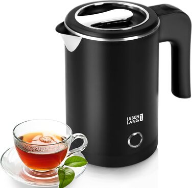 Електричний чайник для подорожей LEBENLANG Edelstahl 500 мл - нержавіюча сталь, BPA-Free, 600W, білий, енергоефективний, 0.5 л, для кемпінгу та подорожей (чорний)